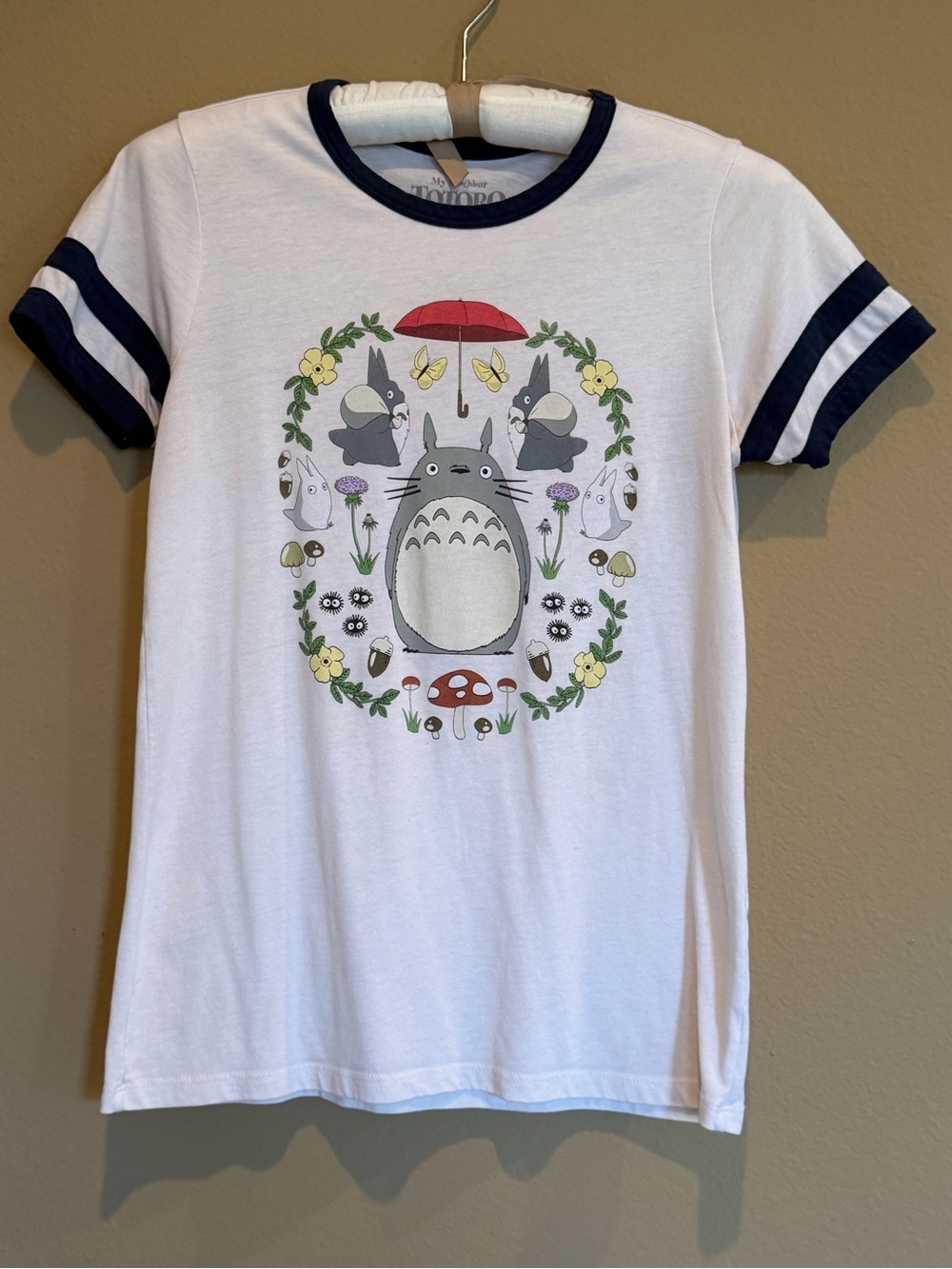 Totoro White Ringer Tee with Navy Trim